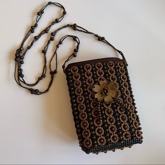 Artisan Handbags - Handmade Wood Beaded Bag Floral Top Zip Mini Crossbody